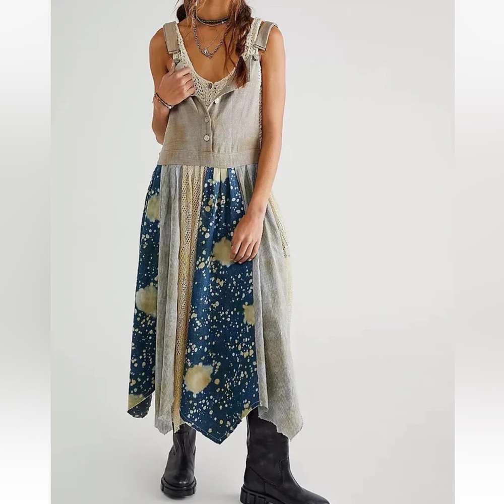 We The Free Free People Love Tattered Patchwork Pinafore Skirtall Dress Sz 4